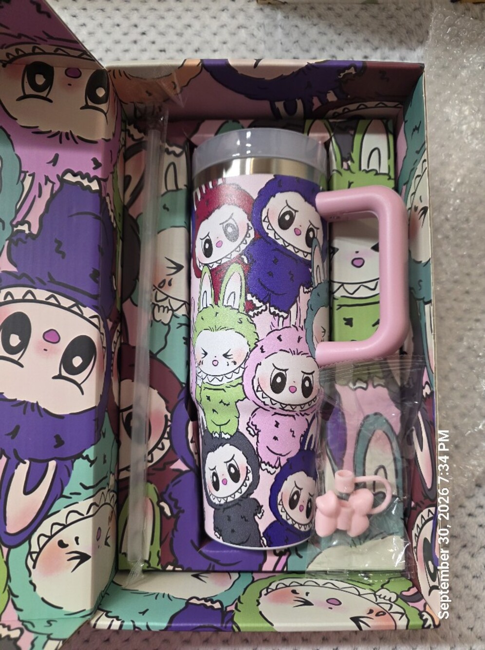 Labubu-themed 40oz insulated tumbler with Pink Handle
